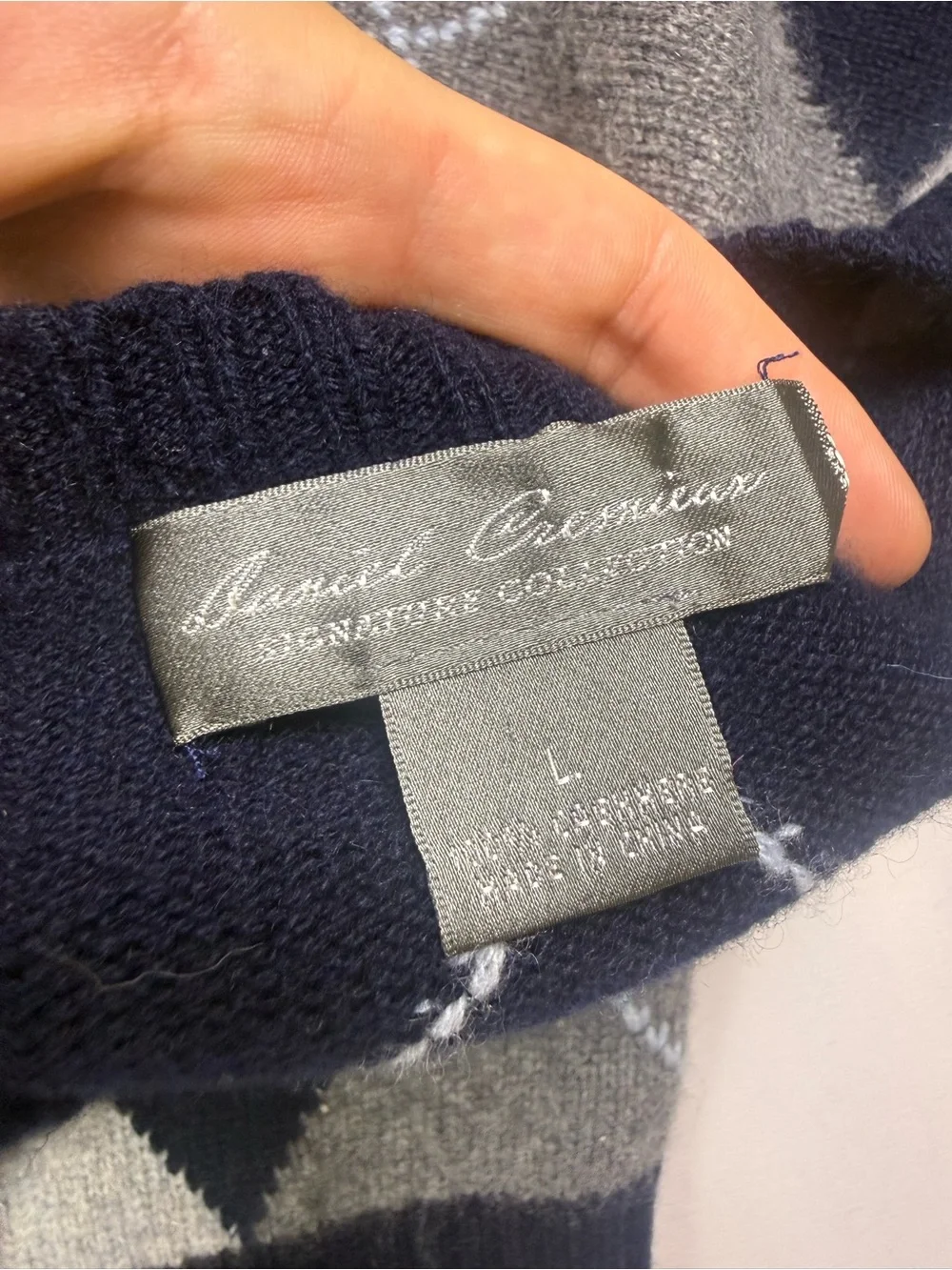 Daniel Cremieux 100% Cashmere Argyle Sweater Men's Large Blue Gray Crewneck